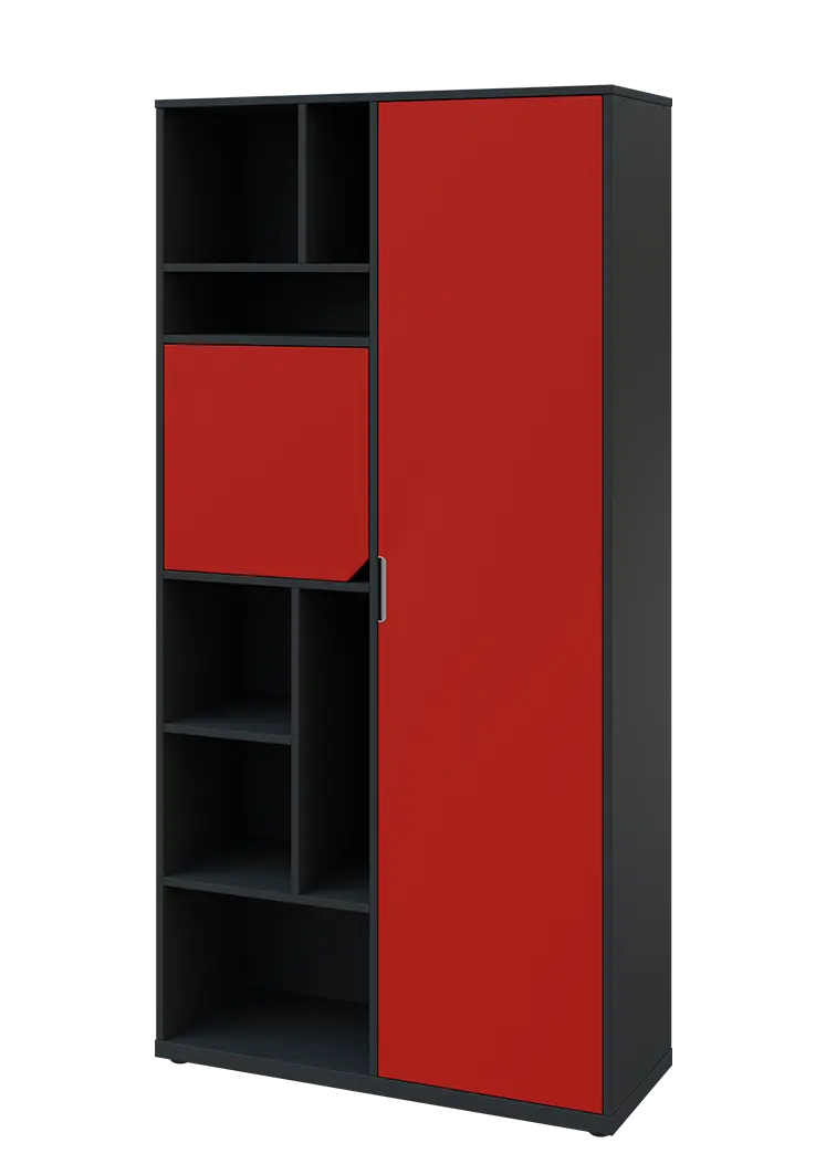 KSR6-83 P skříň šatní, 1x výsuvné ramínko, dvířka, niky, 2053x1022x400 mm, provedení pravé, antracit/červená